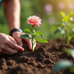 Mains de jardinier plantant un laurier rose dans la terre