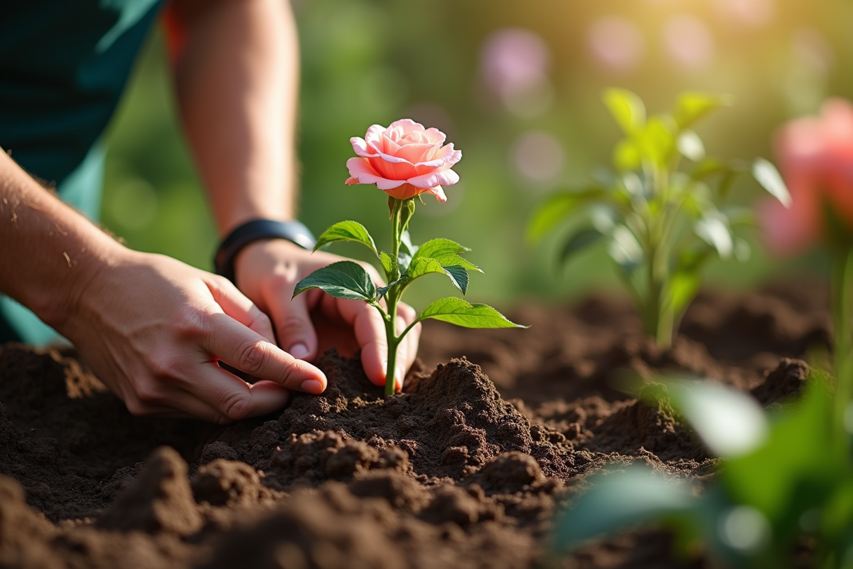 Mains de jardinier plantant un laurier rose dans la terre