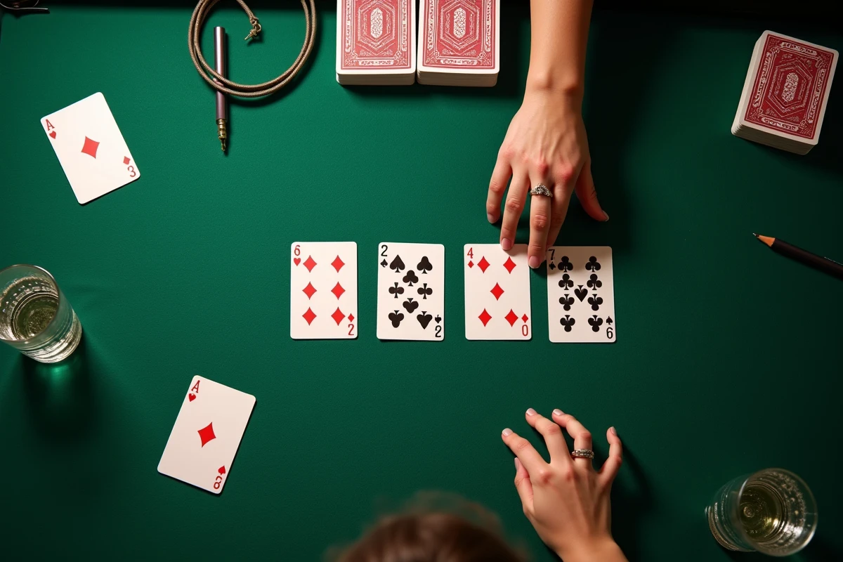 Vue aérienne d'un plateau de jeu de crapette sur un tapis de feutre vert avec cartes disposées en colonnes et main de joueuse