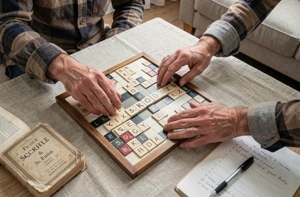 Gros plan sur un plateau de Scrabble avec le mot KO posé sur les cases et un dictionnaire français ouvert à côté