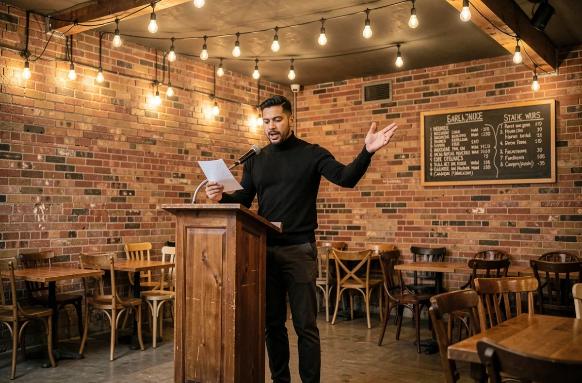 Poète slammeur récitant ses rimes devant un public dans un café littéraire à l'ambiance intime et chaleureuse