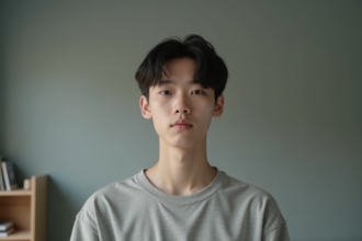 Jeune adulte au regard contemplatif devant un mur gris