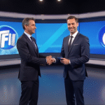 Deux présentateurs météo dans des studios modernes souriants