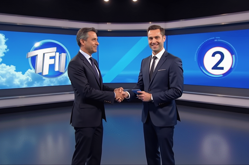 Deux présentateurs météo dans des studios modernes souriants