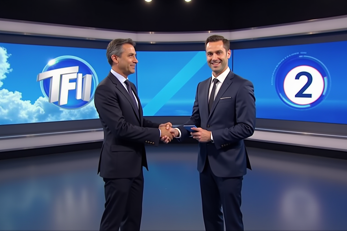 Deux présentateurs météo dans des studios modernes souriants