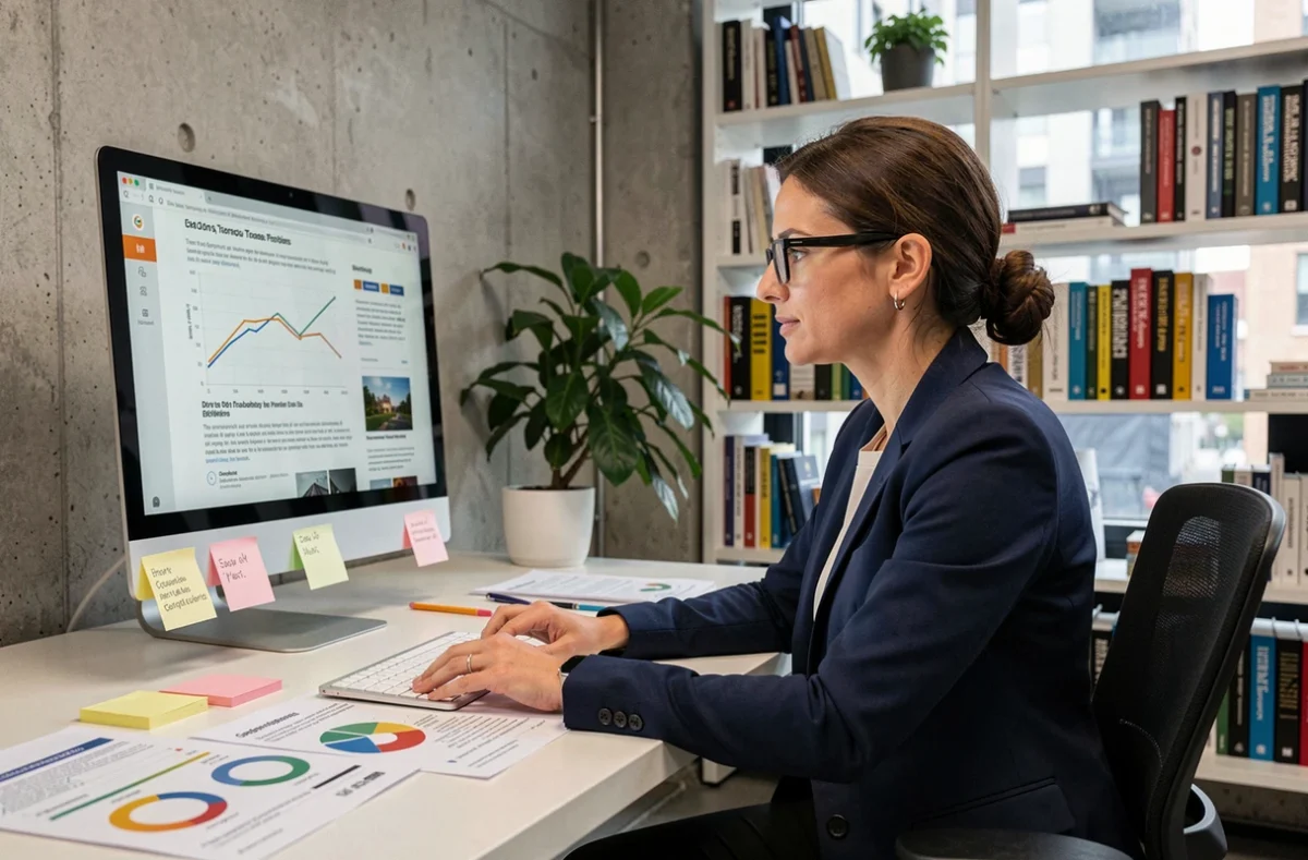 Professionnelle consultant un blog spécialisé énergie-carbone sur écran dans un bureau moderne avec rapports imprimés