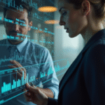 Deux professionnels analysent un écran tactile dans un bureau moderne