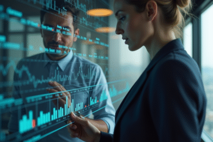 Deux professionnels analysent un écran tactile dans un bureau moderne