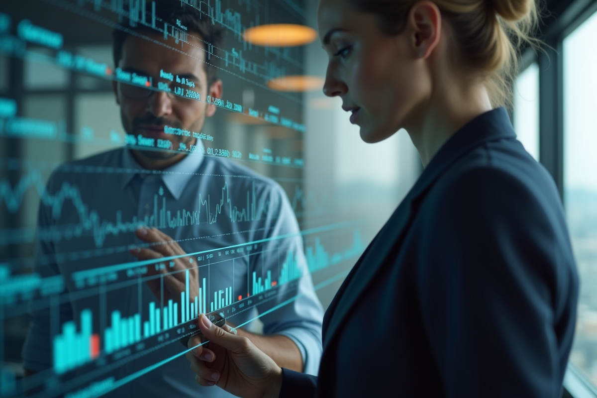 Deux professionnels analysent un écran tactile dans un bureau moderne