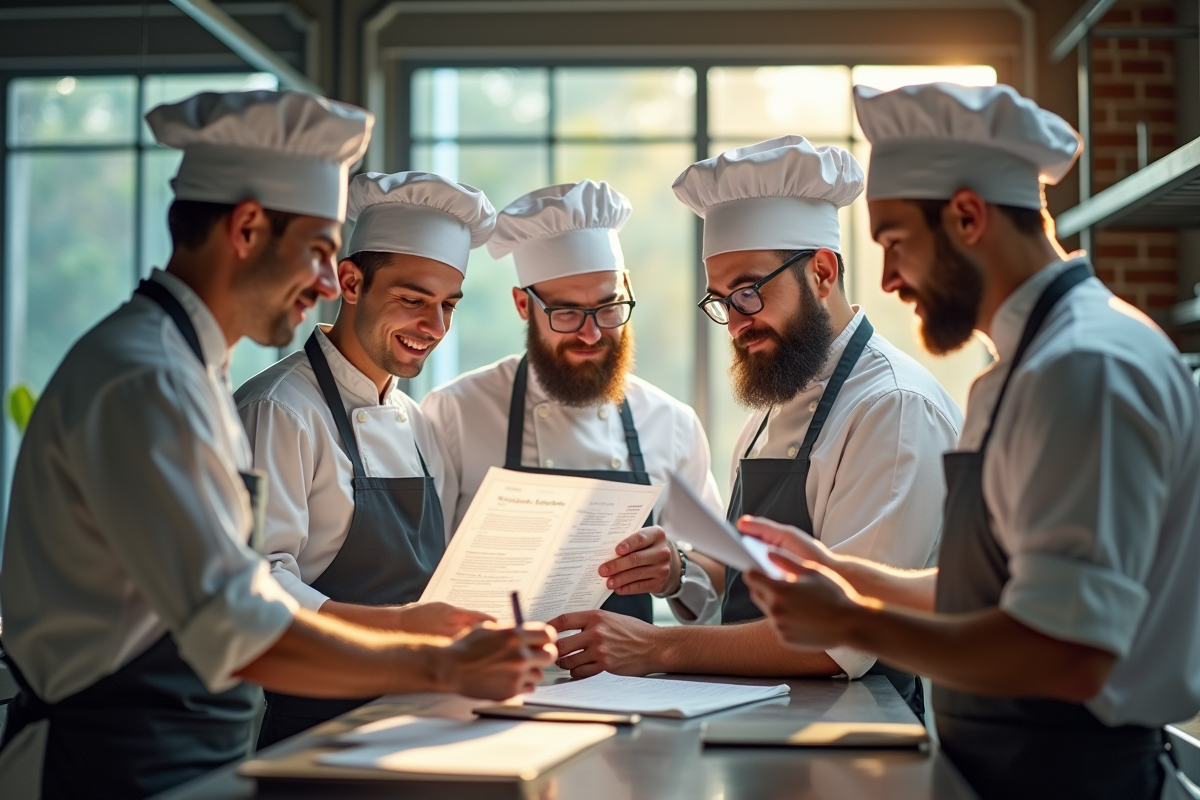 Chefs en cuisine vérifiant une liste de sécurité alimentaire
