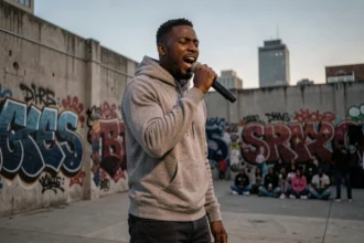 Jeune rappeur en performance slam en plein air devant un mur de graffitis urbains, micro à la main, expression intense et concentrée