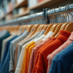 Rayon de vêtements organisés avec étiquettes en lumière naturelle