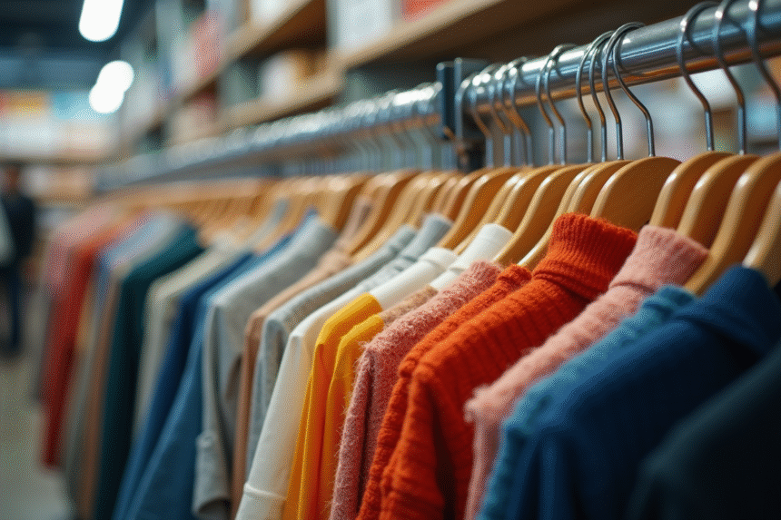 Rayon de vêtements organisés avec étiquettes en lumière naturelle