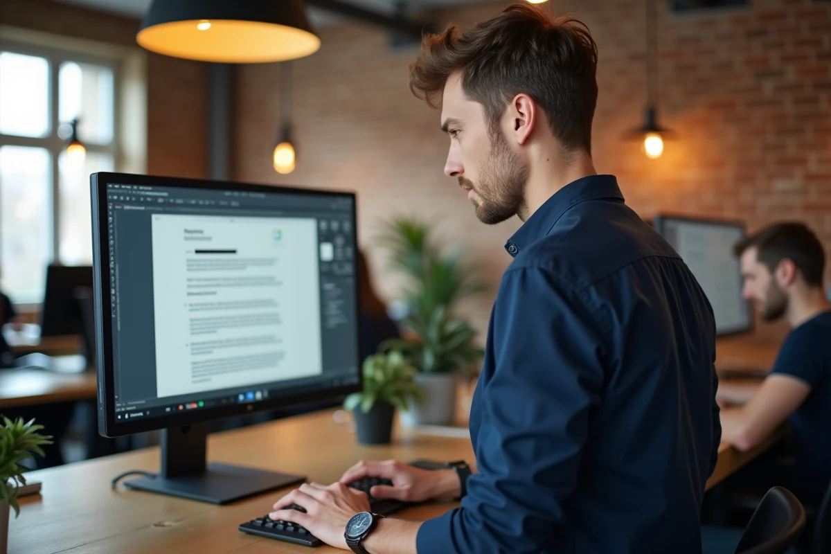 Rédacteur web masculin corrigeant un texte avec un outil de correction automatique dans un espace de coworking
