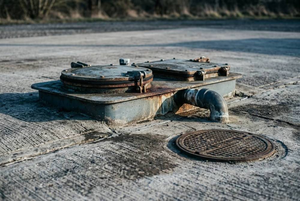 Débourbeur-séparateur d'hydrocarbures installé sur une aire de lavage étanche avec regard de prélèvement