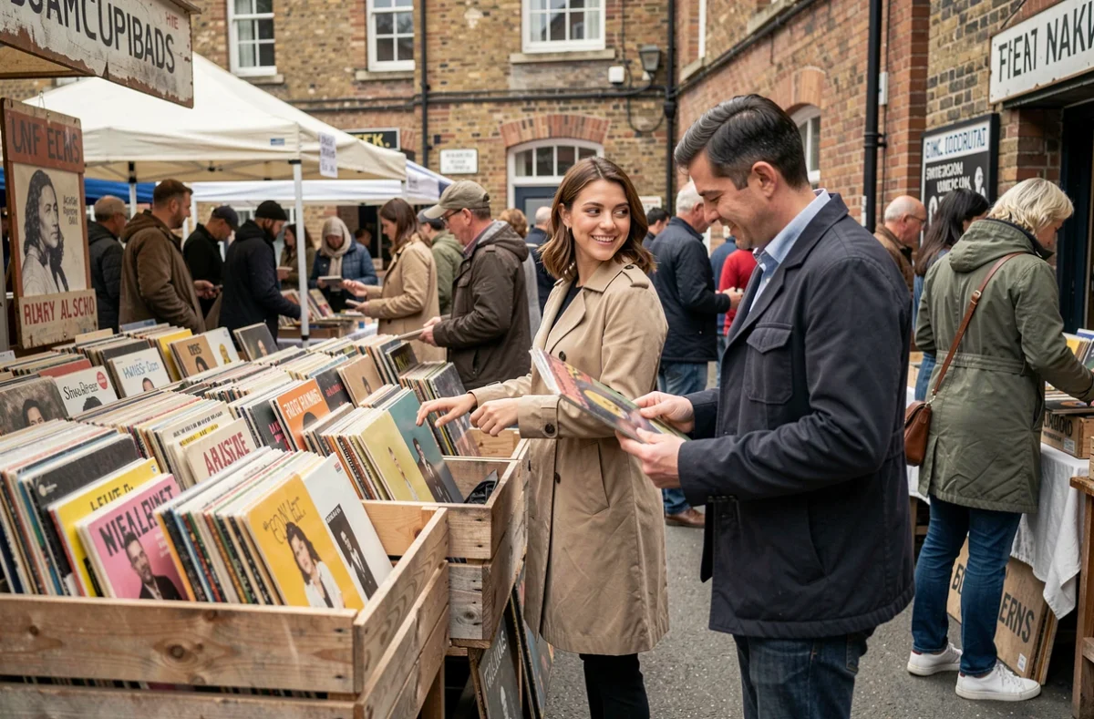 Femme et homme se croisant avec naturel devant un stand de vinyles dans un marché vintage