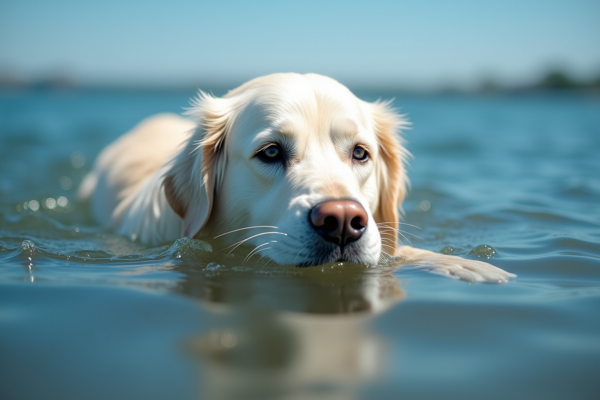 Golden retriever nageant dans un lac bleu en plein soleil