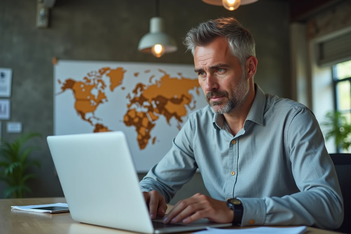 Homme en réunion internationale par vidéoconférence dans un bureau moderne avec une carte du monde affichant les fuseaux horaires