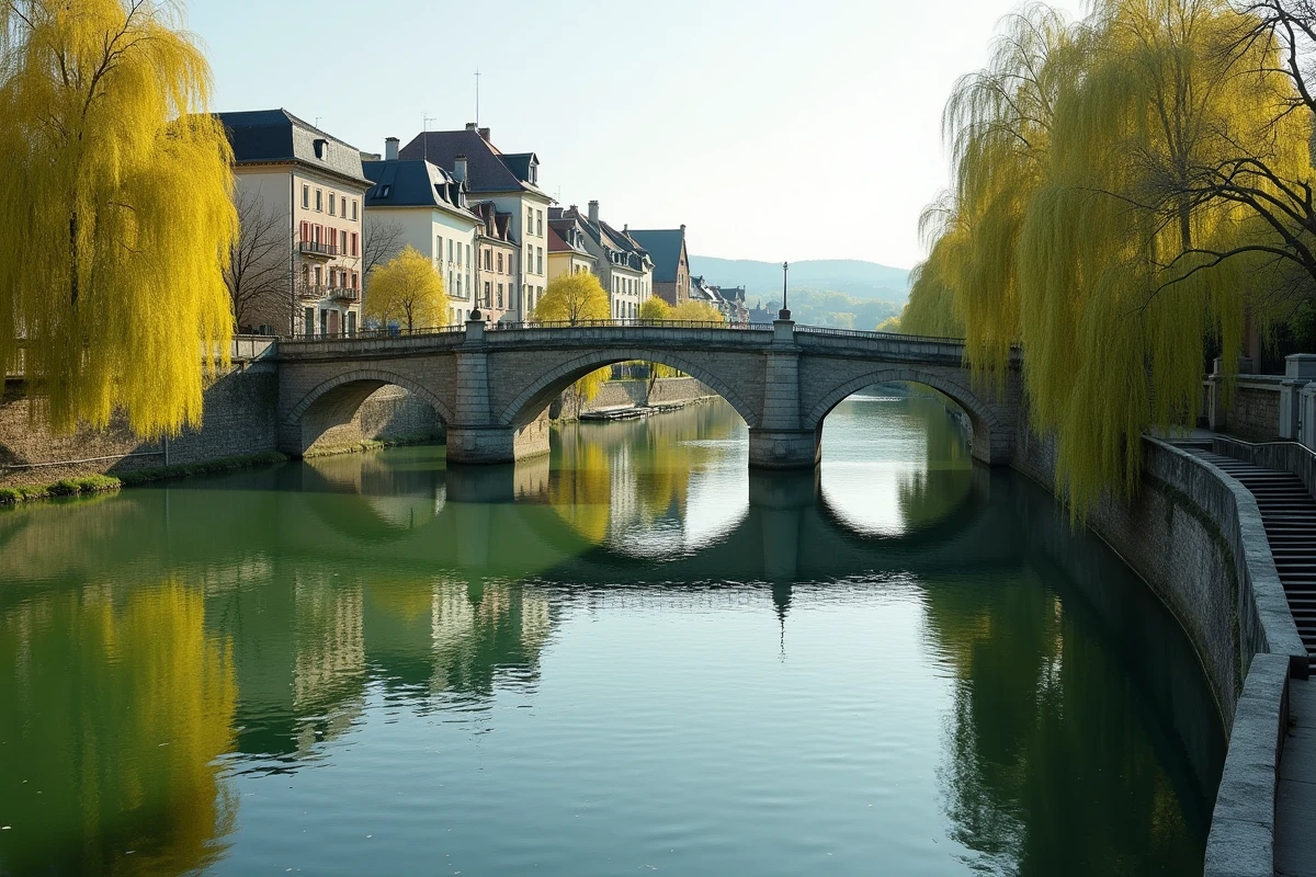 La rivière Sarre à Sarralbe avec pont en pierre et reflets d'arbres dans l'eau calme, promenade au bord de l'eau en Moselle
