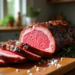 Rôti de bœuf rosé de 900g tranché sur planche en bois
