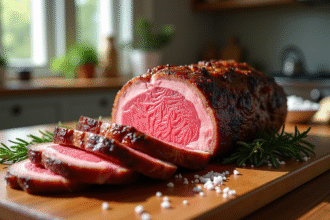 Rôti de bœuf rosé de 900g tranché sur planche en bois