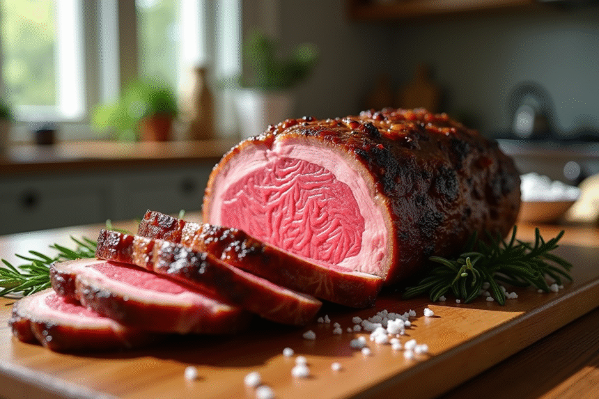 Rôti de bœuf rosé de 900g tranché sur planche en bois
