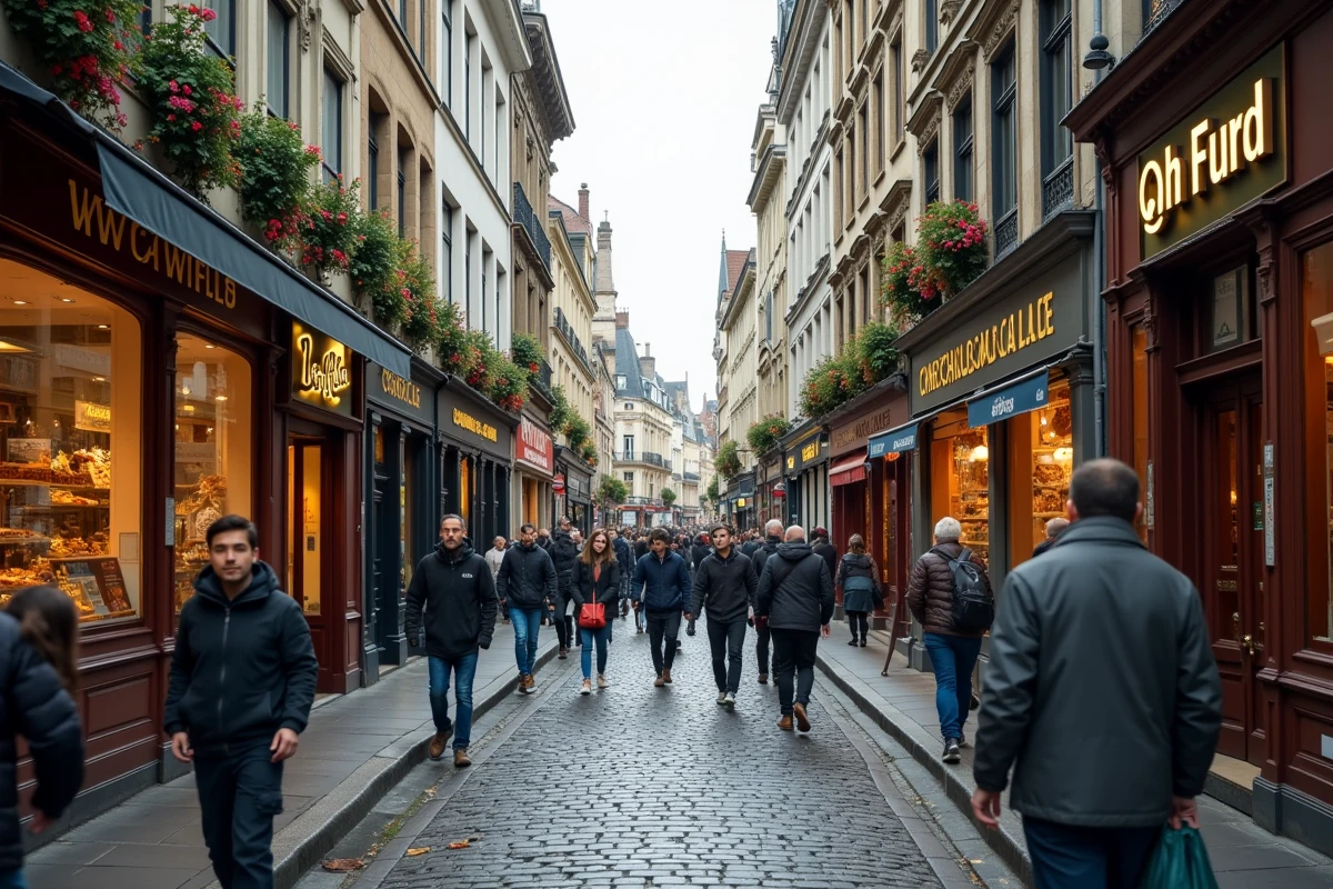 Rue de l'Étuve animée à Bruxelles menant au Manneken Pis avec boutiques de chocolat belge