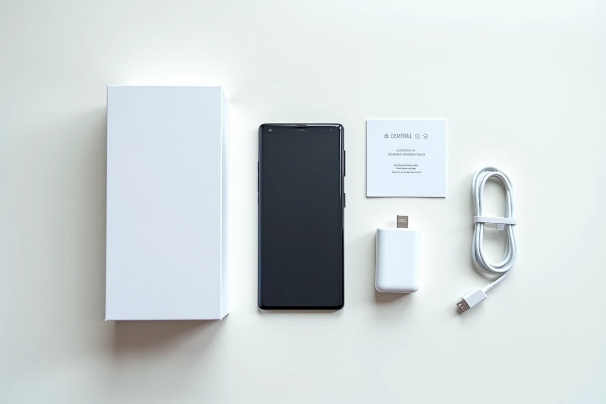 Smartphone Samsung reconditionné posé avec sa boîte et sa certification qualité sur fond blanc, vue à plat pour comparer la qualité prix