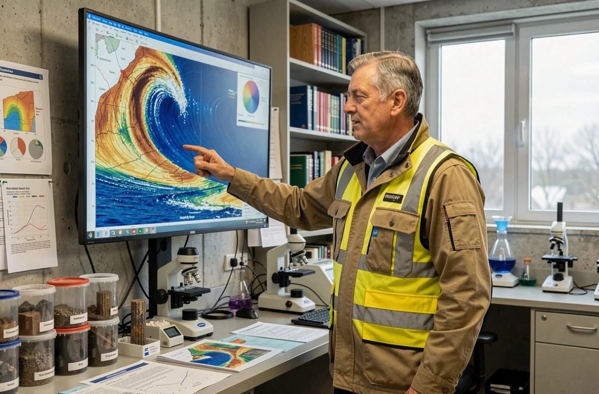 Scientifique géologue expliquant les mécanismes d'un tsunami devant des écrans de simulation dans un laboratoire universitaire