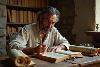 Homme méditerranéen étudiant un manuscrit ancien avec le chiffre 1441