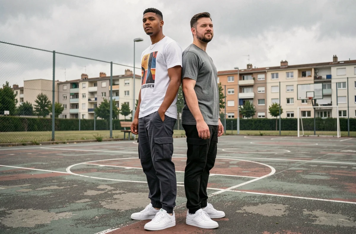 Comparaison de taille entre deux rappeurs sur un terrain de basketball en banlieue française