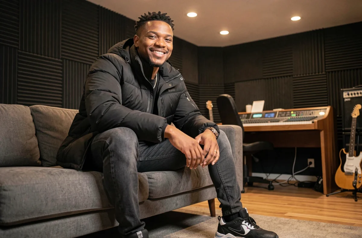 Rappeur SDM assis en interview dans un studio de musique moderne à Paris, expression détendue