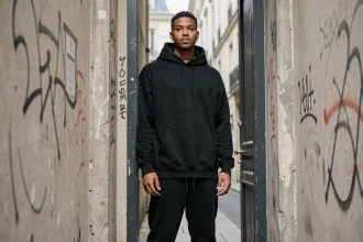 Rappeur de grande taille debout dans un couloir urbain parisien, taille visible grâce au cadre de porte