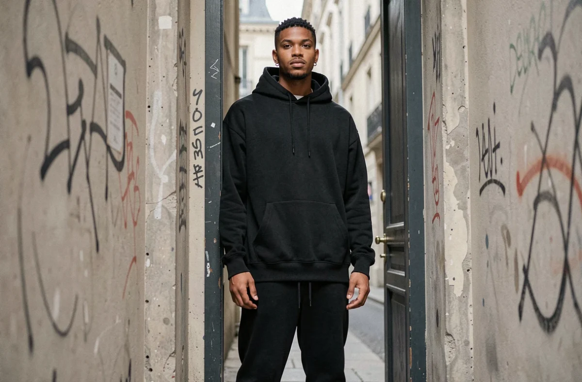 Rappeur de grande taille debout dans un couloir urbain parisien, taille visible grâce au cadre de porte