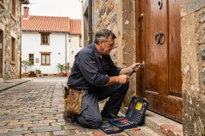 Serrurier d'urgence au travail devant une porte en bois dans une rue typique des Pyrénées-Atlantiques