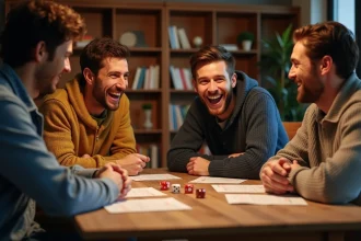 Groupe d'amis jouant au 421 autour d'une table en bois avec des dés et une fiche de règles imprimée