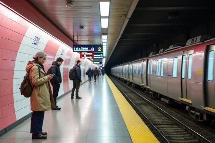 Station de métro de Toulouse avec train automatique et voyageurs sur le quai