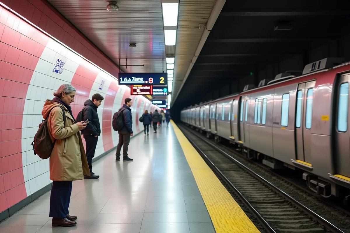 Station de métro de Toulouse avec train automatique et voyageurs sur le quai