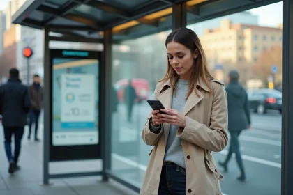 Femme consultant l'application de suivi du bus en temps réel sur smartphone à un arrêt de bus urbain