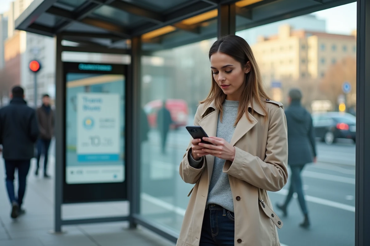 Femme consultant l'application de suivi du bus en temps réel sur smartphone à un arrêt de bus urbain