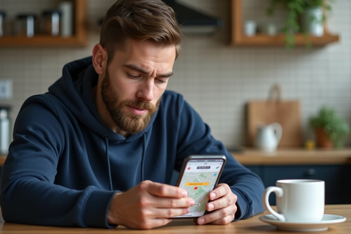 Homme consultant le suivi de son colis DPD en temps réel sur smartphone dans une cuisine