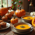 Table rustique automne avec plats de citrouille faits maison