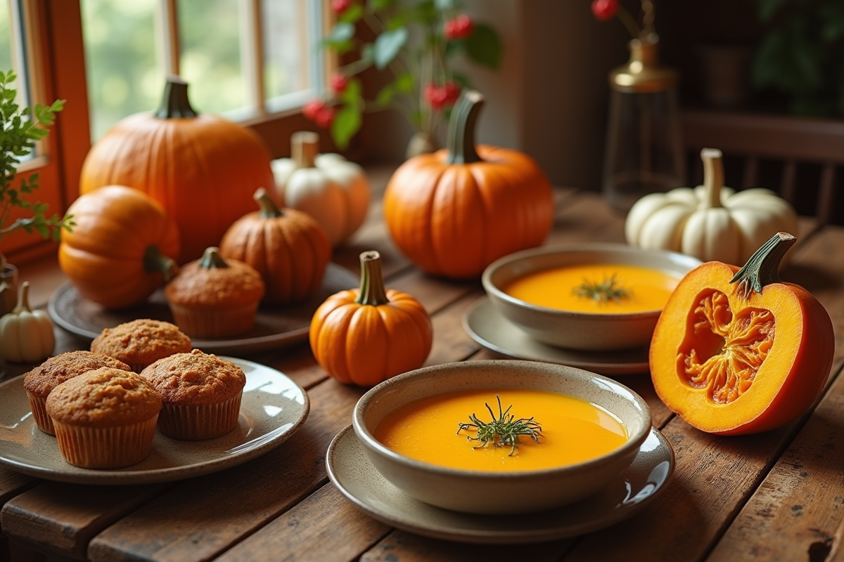 Table rustique automne avec plats de citrouille faits maison