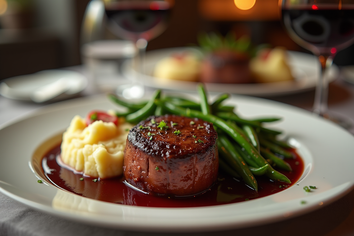 Table élégante avec filet mignon et purée de pommes de terre