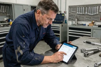 Technicien automobile en atelier consultant un convertisseur mDaN en Nm sur tablette numérique