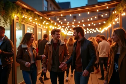 Groupe de jeunes adultes dansant sur une terrasse de boîte de nuit à Lille, sous une pergola avec guirlandes lumineuses et murs en briques