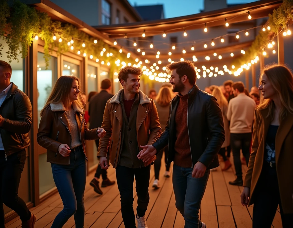 Groupe de jeunes adultes dansant sur une terrasse de boîte de nuit à Lille, sous une pergola avec guirlandes lumineuses et murs en briques