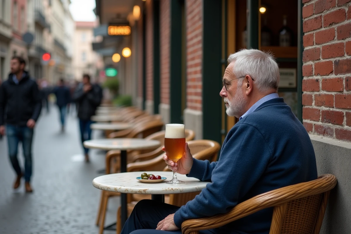 Terrasse d'une brasserie traditionnelle belge près du Manneken Pis à Bruxelles avec bière trappiste