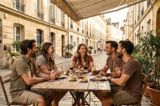 Groupe d'amis attablés en terrasse dans une rue pavée de Bordeaux, partageant des verres de vin et des tapas lors d'une sortie conviviale
