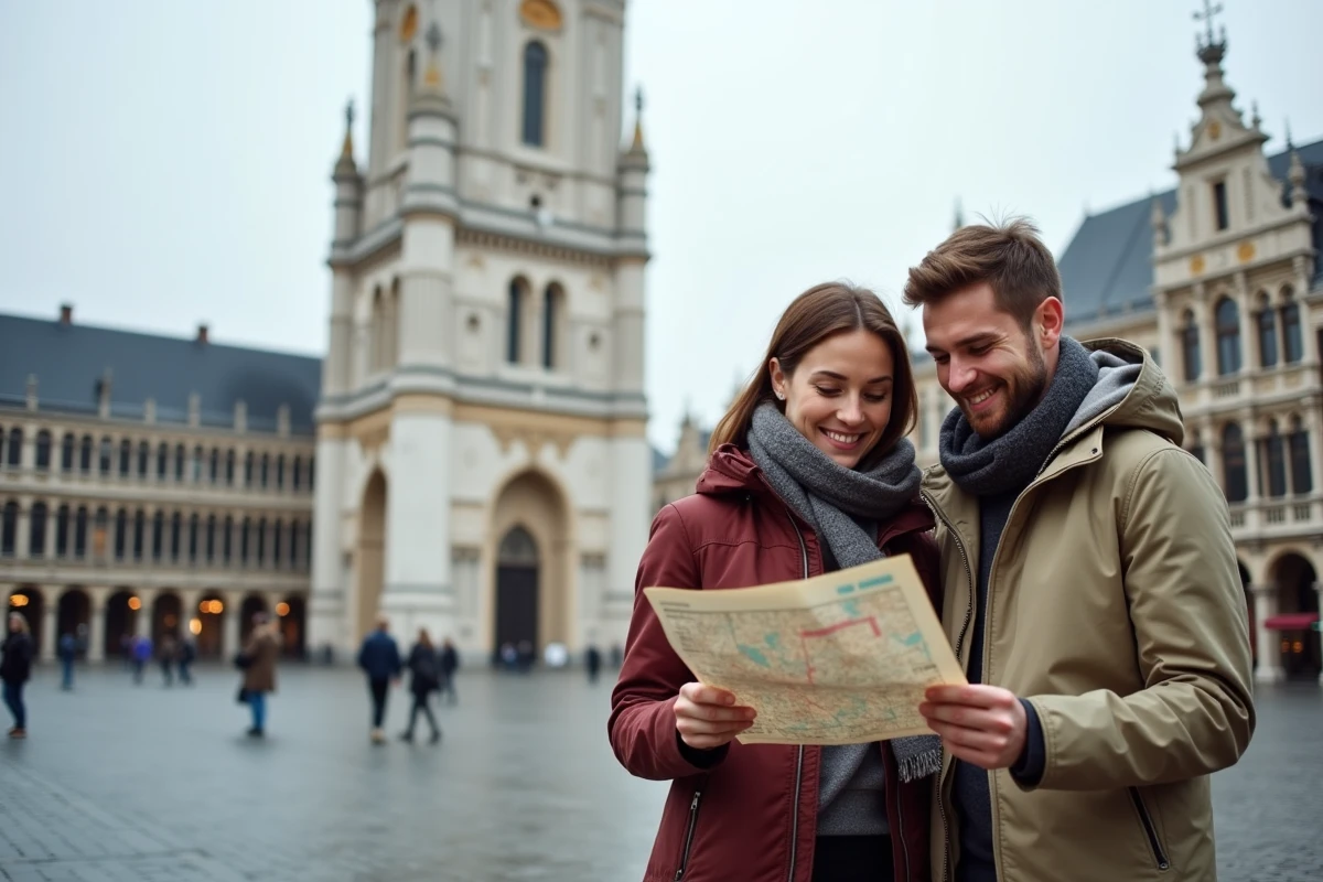 Couple de touristes consultant une carte devant la Grand-Place de Bruxelles